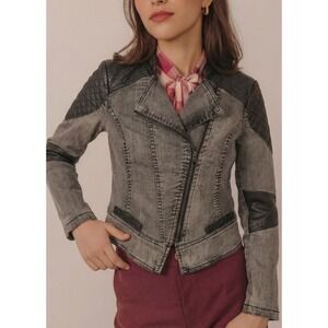Liquid X Women's VTG Faded Denim & Faux Black Leather Cropped Jacket Size Med